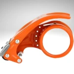 Dispensador de cinta adhesiva naranja industrial con cuchilla integrada.