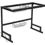 Escurridor de loza negro de 64 cm, con cestas y soportes para secar platos.