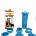 Filtro licuadora universal Filter con accesorios en azul y empaque con frutas.