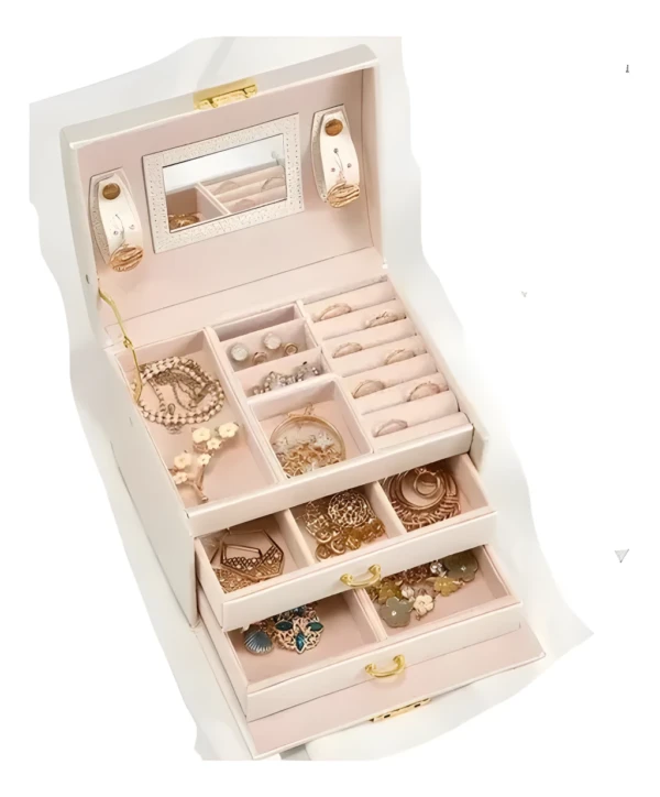 Joyero blanco de 3 niveles con espejo, compartimentos para collares, anillos, aretes y pulseras.