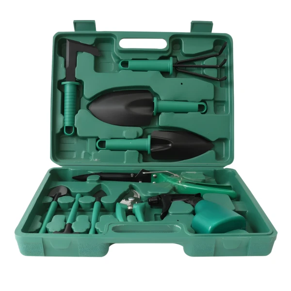 Kit jardinería 10 piezas: pala, rastrillo, podadora, pulverizador y más en estuche verde.