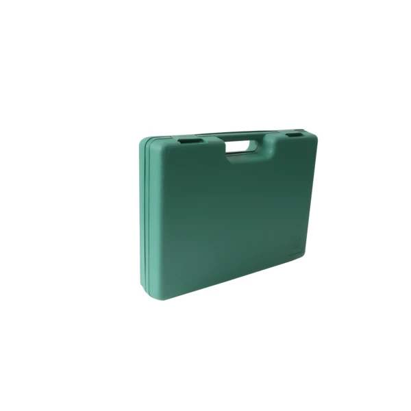 Maletín verde para kit de jardinería con 10 herramientas, cerrado y en ángulo.
