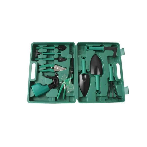 Kit de jardinería de 10 piezas verde con estuche, pala, rastrillo y tijeras.