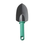 Pala de jardinería pequeña con mango ergonómico verde para huerto urbano y macetas.