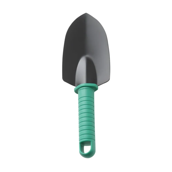 Pala de jardinería pequeña con mango ergonómico verde para huerto urbano y macetas.