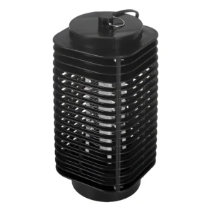 Lámpara LED repelente de mosquitos negra con rejilla protectora y luz interior.