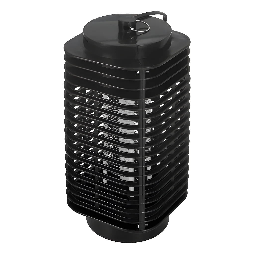 Lámpara LED repelente de mosquitos negra con rejilla protectora y luz interior.