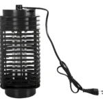 Lámpara LED repelente de mosquitos negra cilíndrica con cable y enchufe.