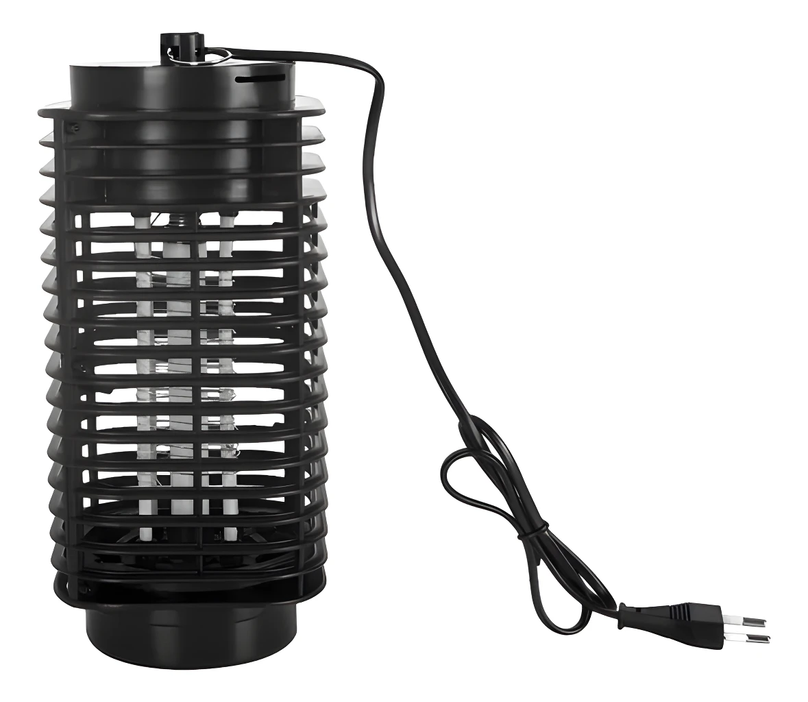 Lámpara LED repelente de mosquitos negra cilíndrica con cable y enchufe.