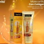 Karité mascarilla hidratante con colágeno, envase dorado con ampolla y gotas de agua.