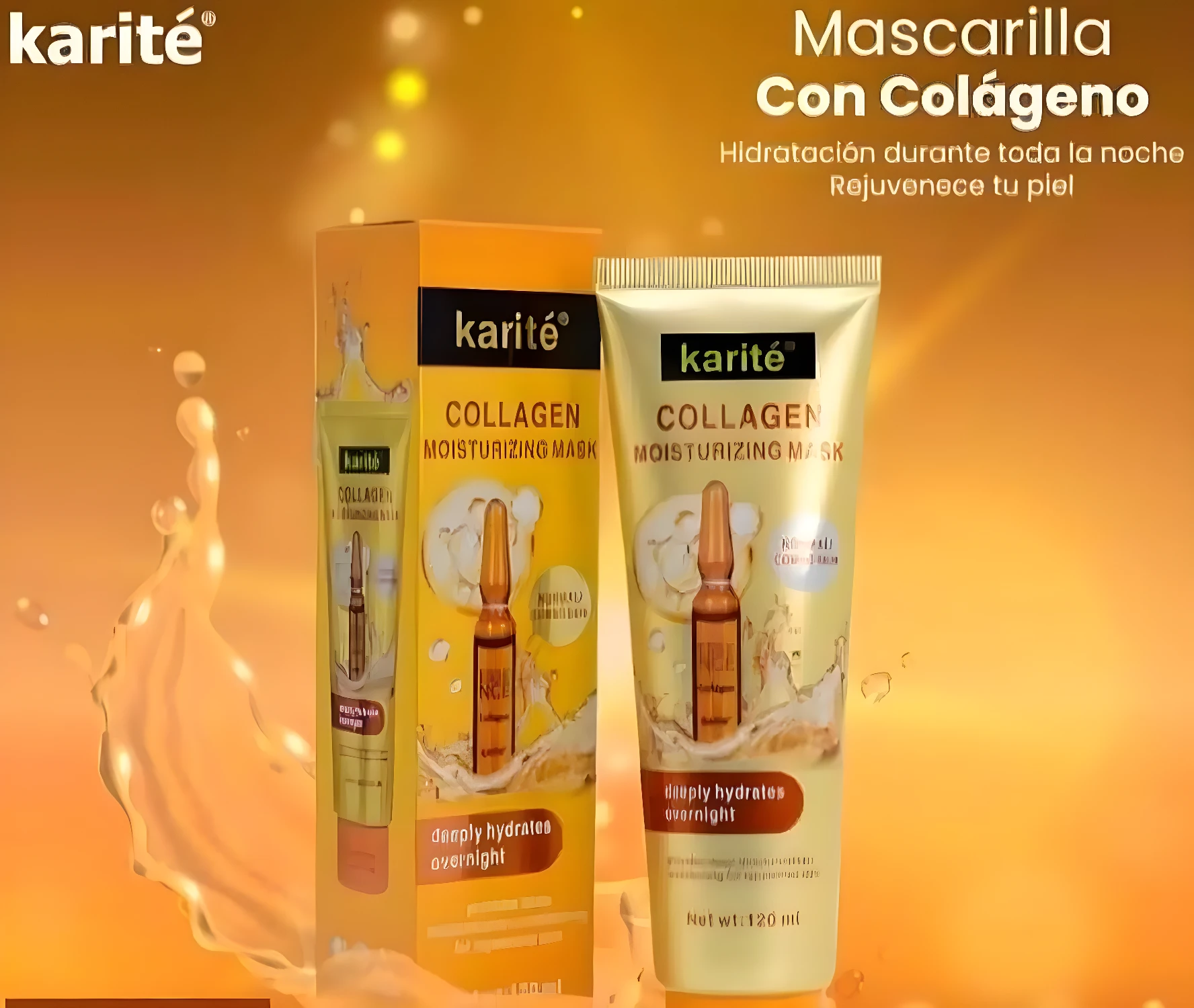 Karité mascarilla hidratante con colágeno, envase dorado con ampolla y gotas de agua.