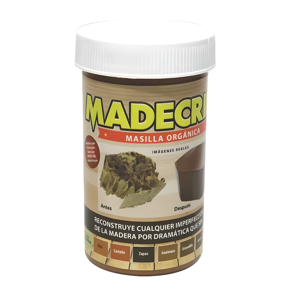 Masilla Orgánica Madecril para resanar madera, ideal para reparar imperfecciones con acabado profesional.