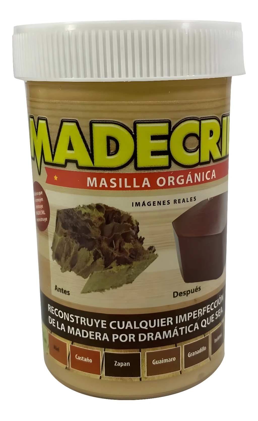 Masilla orgánica Madecri para resane de madera, acabado castaño.