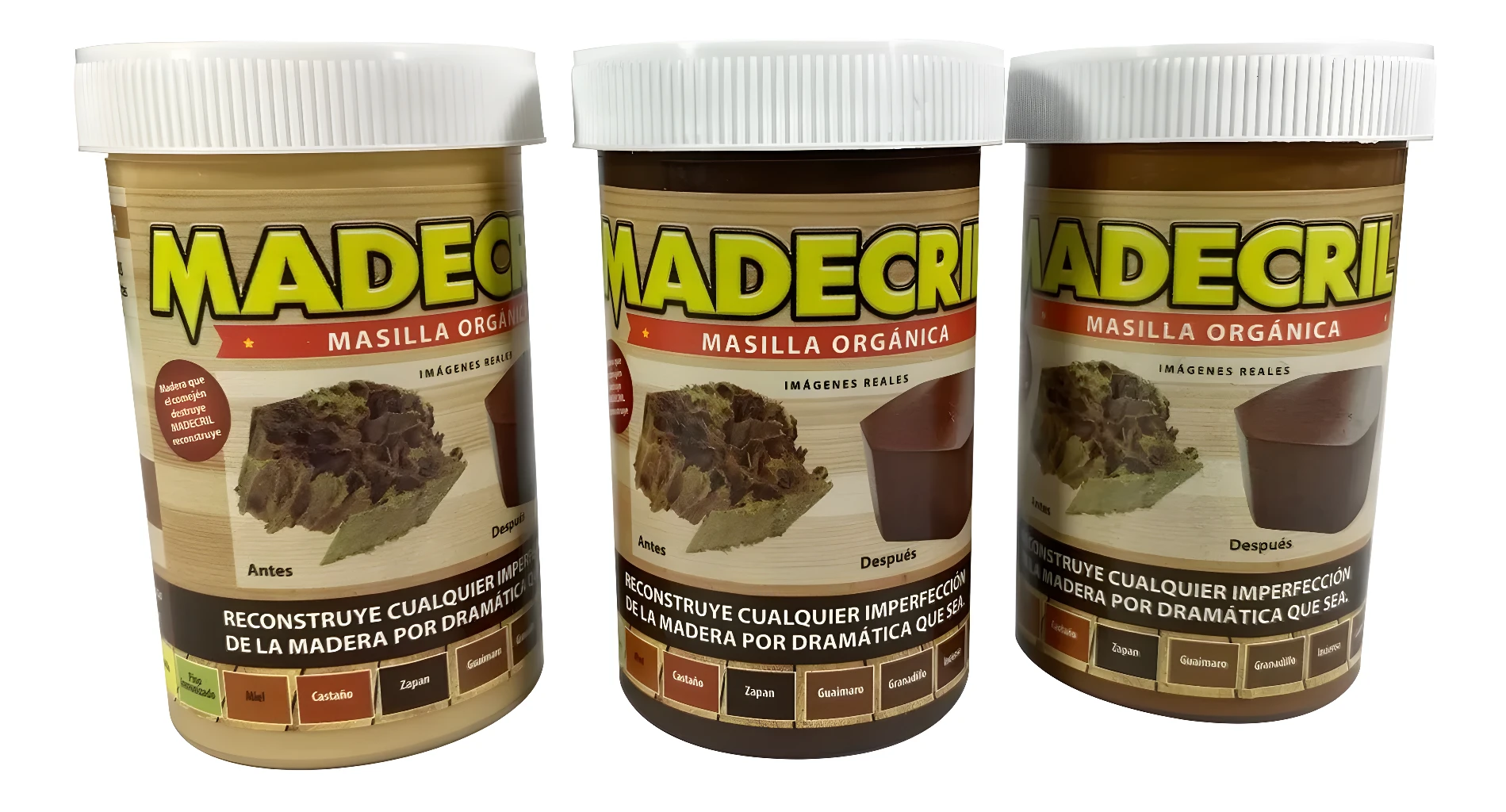 Masilla Orgánica Madecril para resane de madera, ideal para restaurar imperfecciones y reconstruir superficies dañadas.