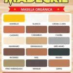 Masilla orgánica para madera: Muestrario de colores MADECRIL con nombres.