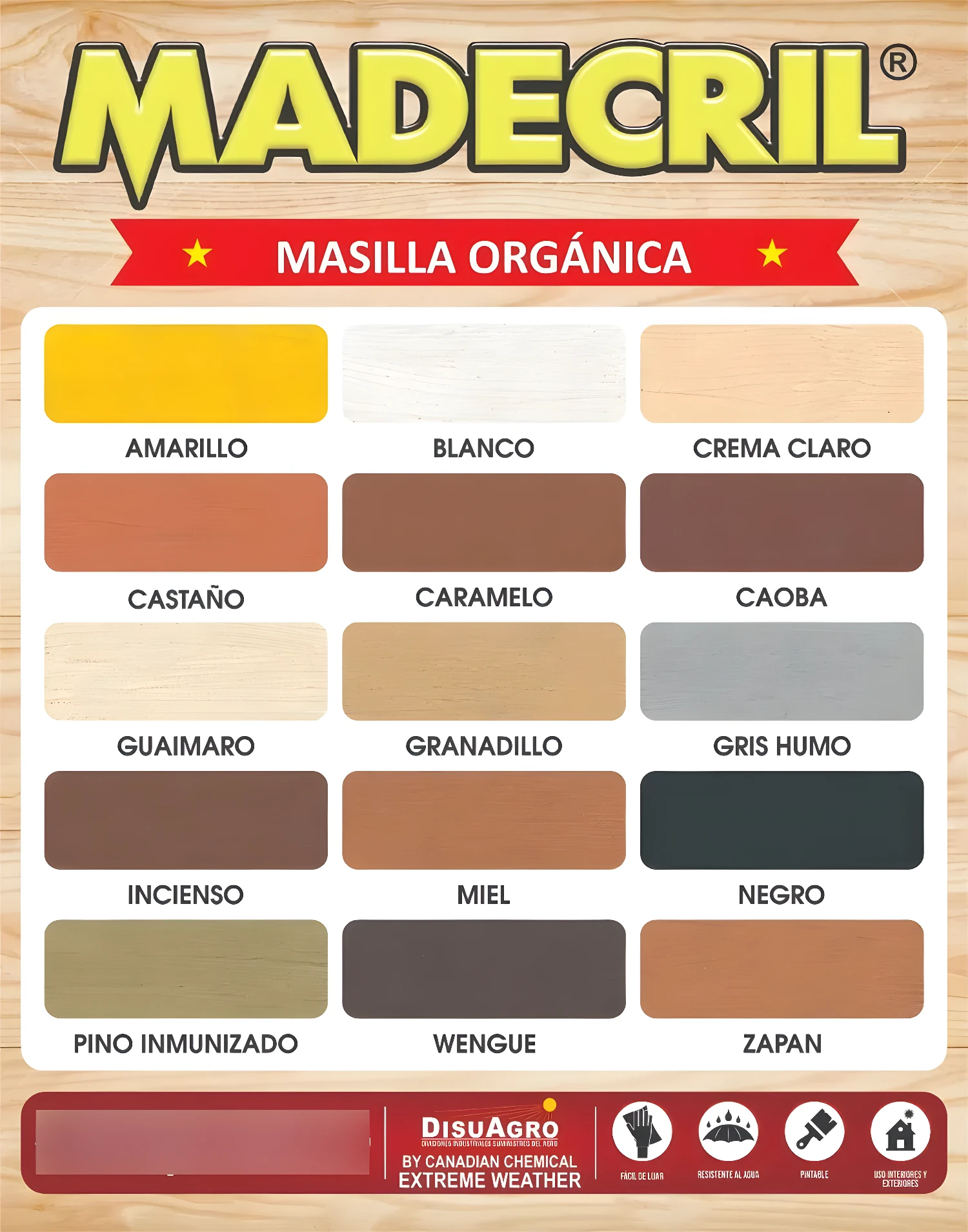 Masilla orgánica para madera: Muestrario de colores MADECRIL con nombres.