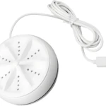 Mini lavadora portátil con turbina giratoria y cable USB blanco.