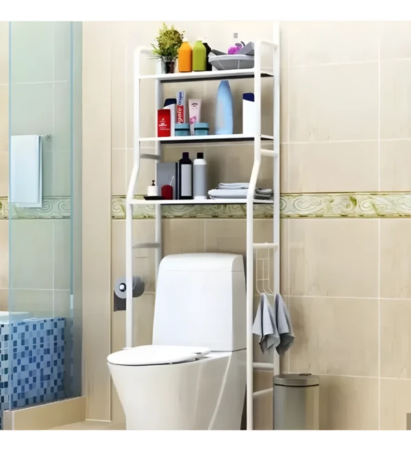 Estantería organizadora de baño sobre inodoro, para optimizar espacio y almacenar artículos de aseo.