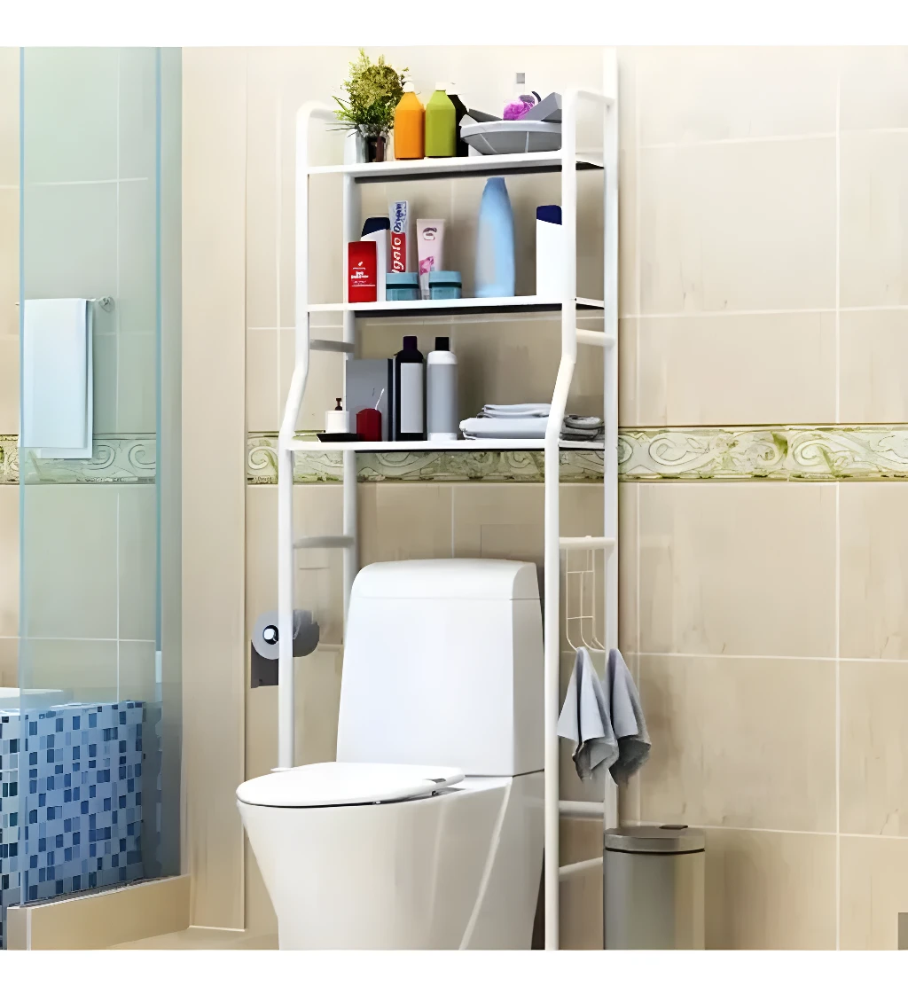 Estantería organizadora de baño sobre inodoro, para optimizar espacio y almacenar artículos de aseo.