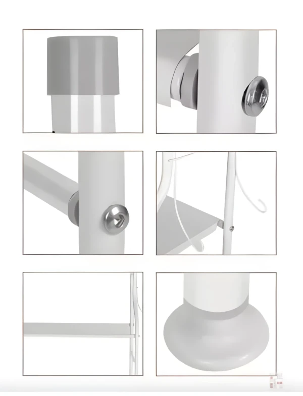 Estantería de baño blanca metálica con detalles de tornillos y base redonda.