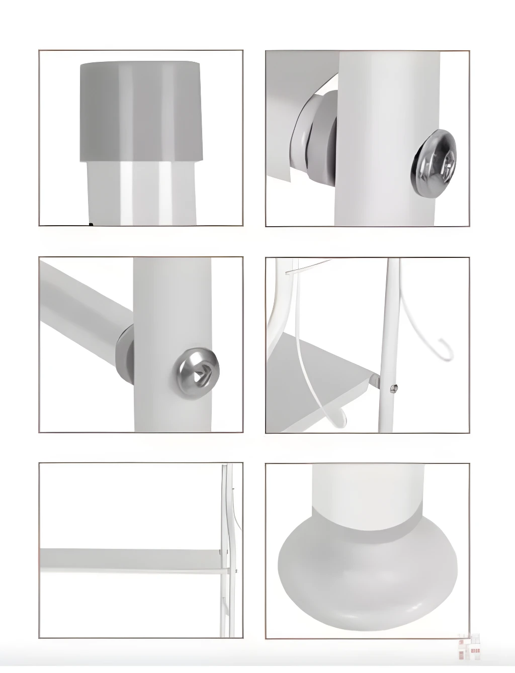 Estantería de baño blanca metálica con detalles de tornillos y base redonda.