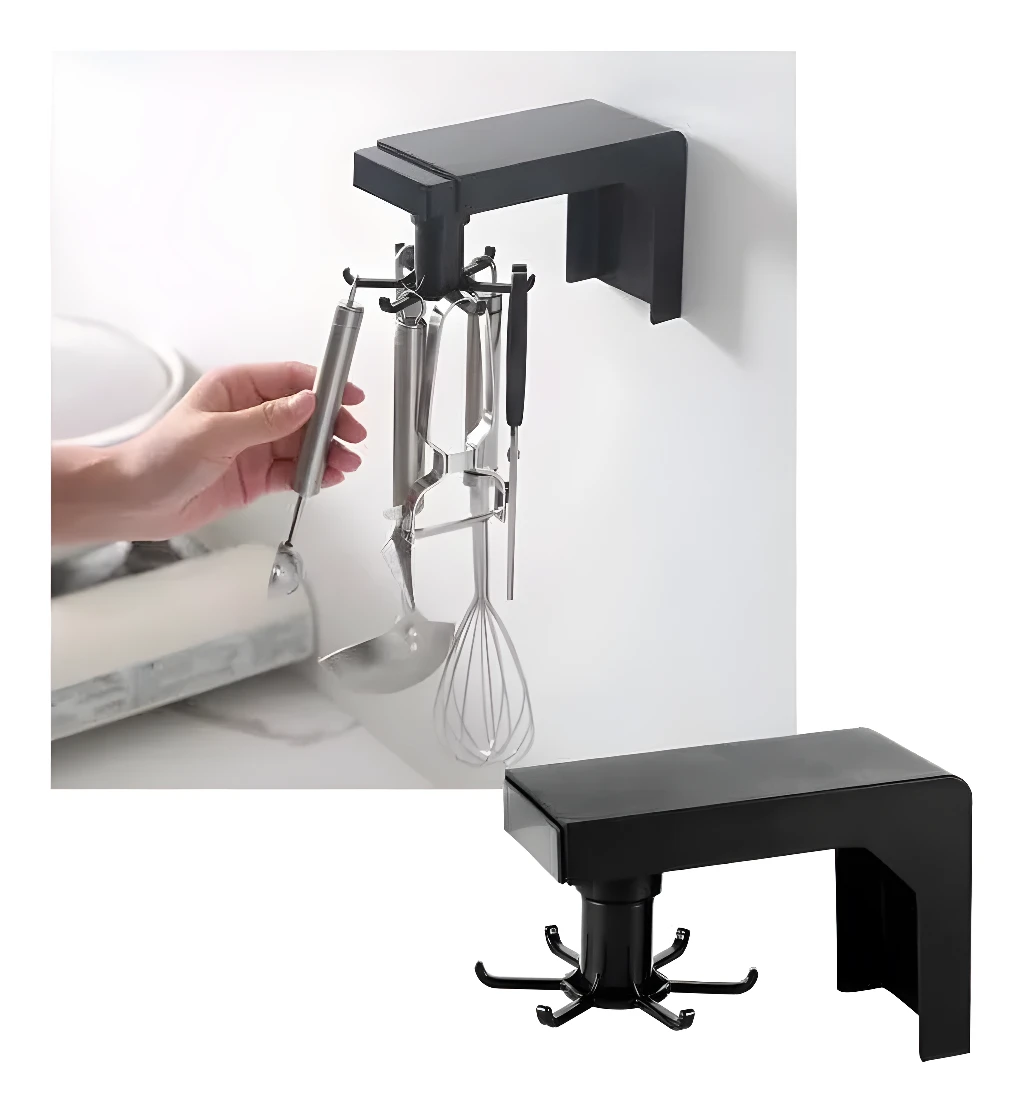 Organizador giratorio de cocina con 6 ganchos para colgar utensilios y ahorrar espacio.