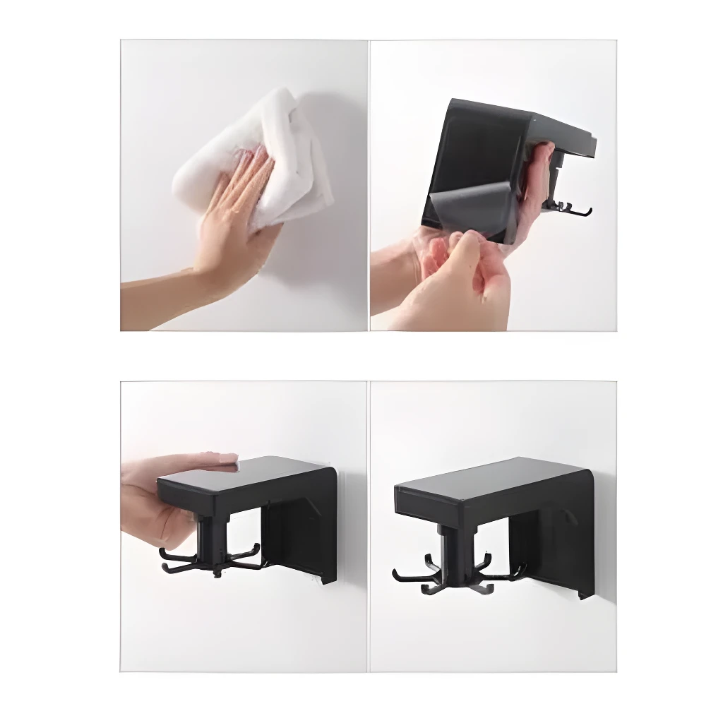 Organizador giratorio negro con 6 ganchos móviles para pared, ideal para cocina y baño.
