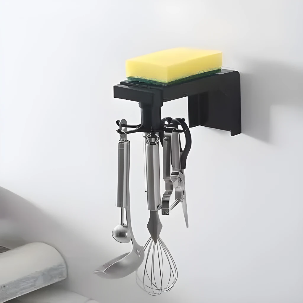 Organizador giratorio para colgar utensilios de cocina y esponja, moderno y funcional.