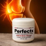 Crema Perfectx Joint & Bone Therapy 60g, tarro blanco sobre superficie texturizada, fondo de rodilla con energía.