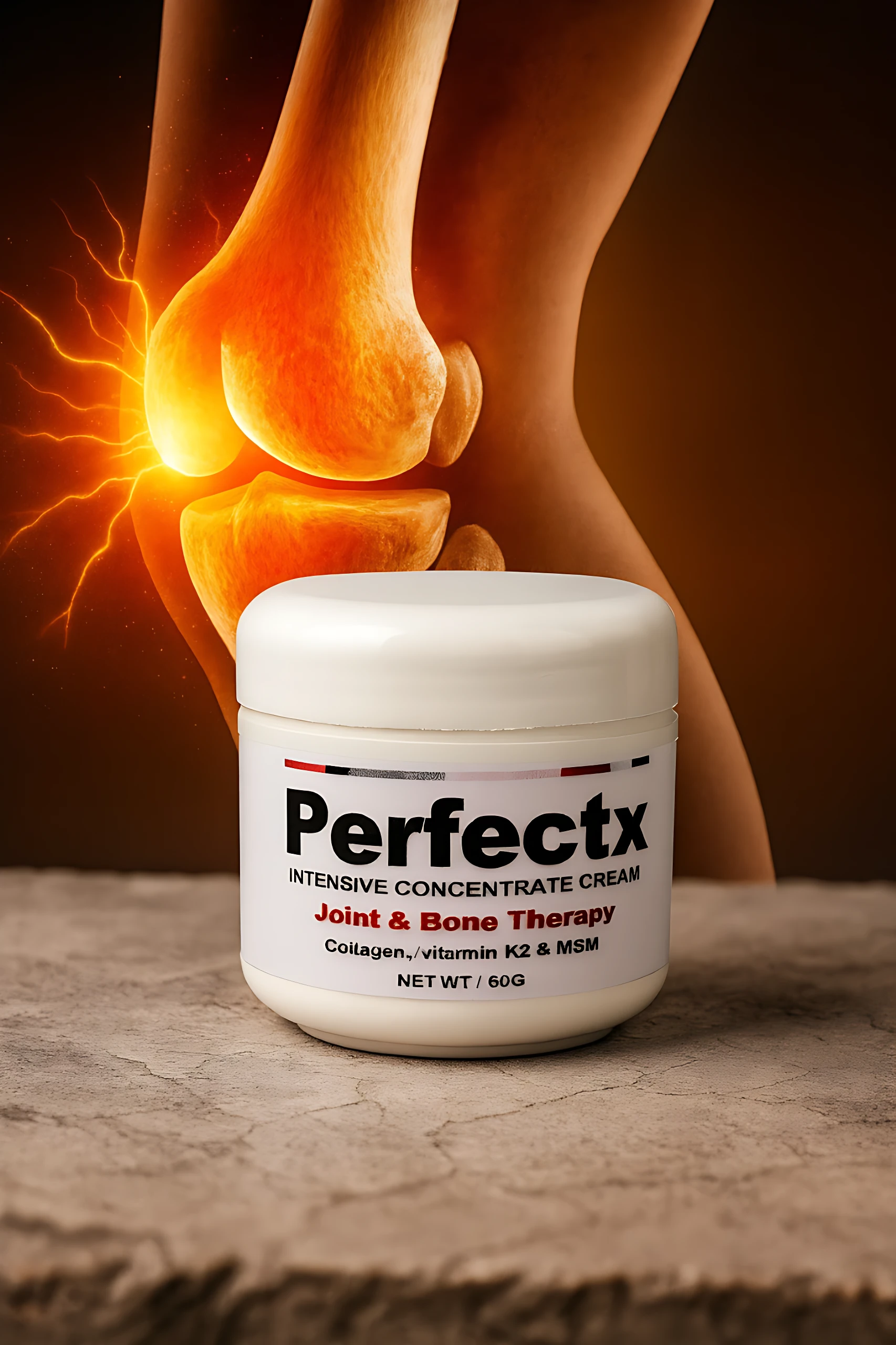 Crema Perfectx Joint & Bone Therapy 60g, tarro blanco sobre superficie texturizada, fondo de rodilla con energía.