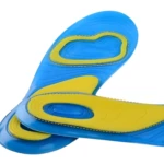 Plantillas ortopédicas en gel azul y amarillo, con diseño ergonómico para soporte del arco y amortiguación.