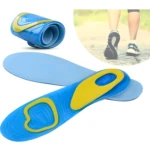 Plantillas ortopédicas en gel azul y amarillo para soporte del arco del pie y amortiguación.