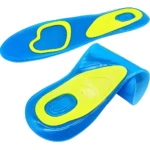 Plantillas ortopédicas en gel azul y amarillo, soporte para arco y talón.