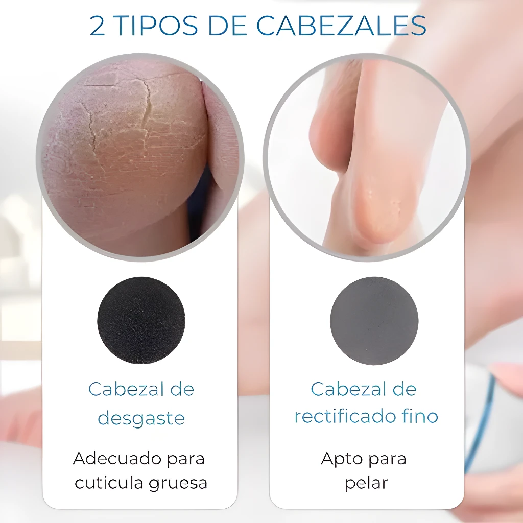 Quita Callos Pulidor Eléctrico: Cabezal Desgaste para cutícula gruesa y Cabezal Rectificado Fino.