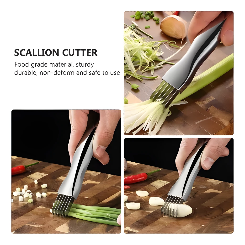 Rebanador picador manual de verdura corta cebolla y ajo en tiras finas, ideal para cocinar.