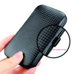 Estuche compacto de manicura de 7 piezas con cierre de un botón, textura fibra de carbono.