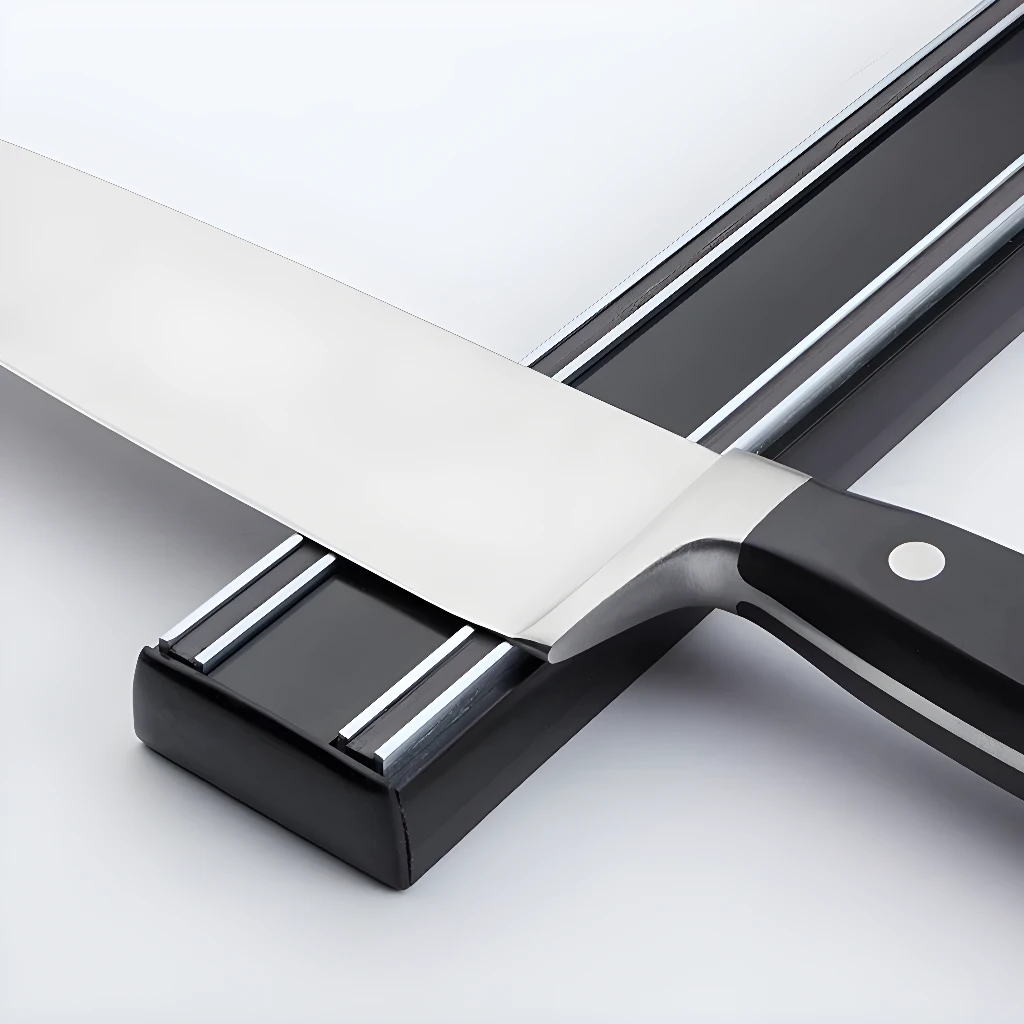 Soporte magnético negro para cuchillos con cuchillo de chef metálico y mango negro.