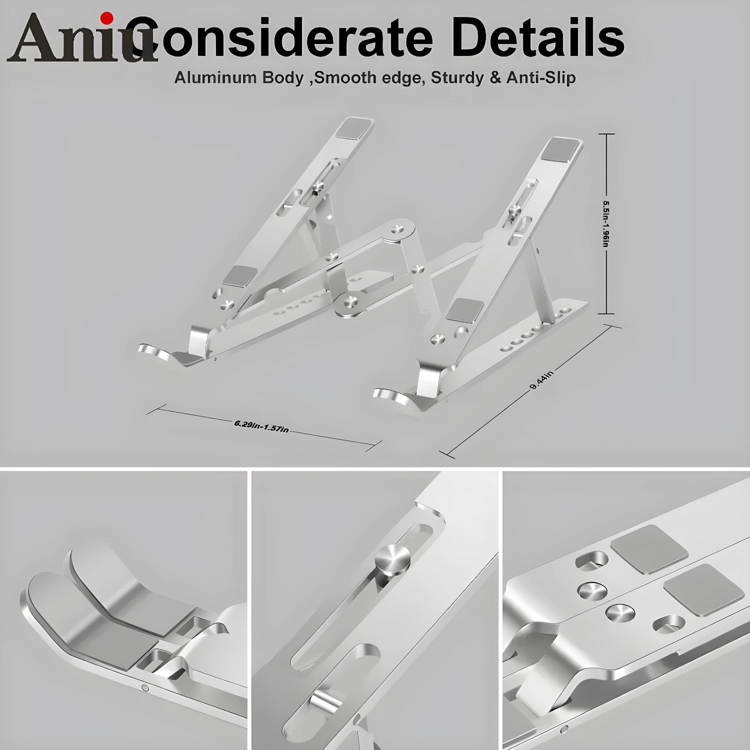 Soporte plegable para portátil de aluminio, diseño ergonómico y portátil, resistente.