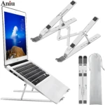 Soporte plegable plateado para portátil ajustable, ideal para ergonomía y disipación de calor.