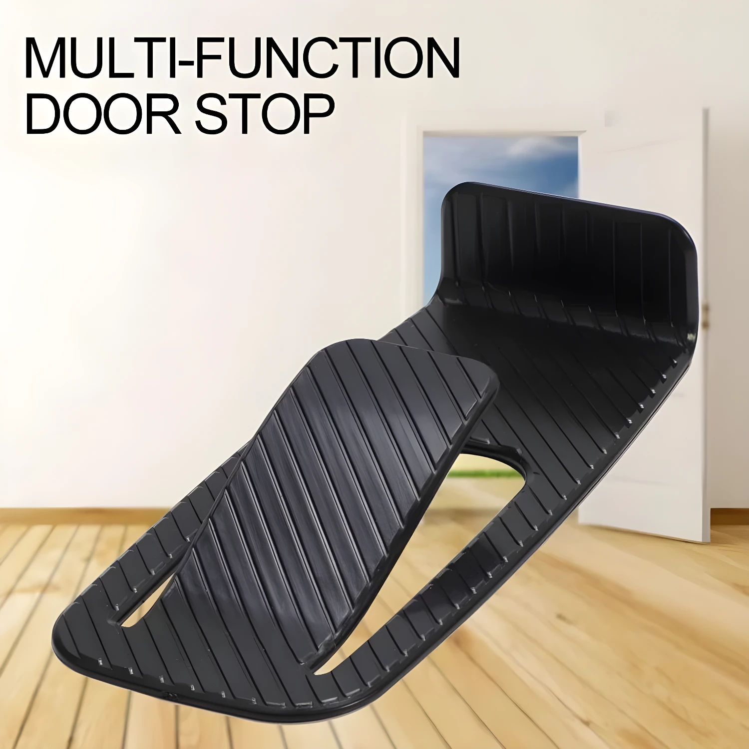 Tope de click para puertas negro multiusos, diseño acanalado, en habitación con puerta entreabierta.