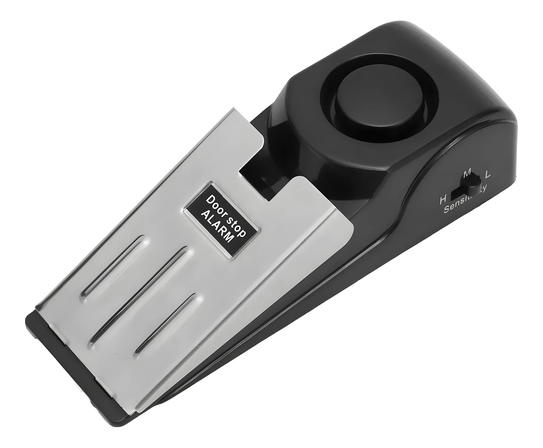 Tope de puerta con alarma de seguridad, diseño moderno y compacto para mayor protección.