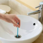 Varillas para desatascar tuberías de lavamanos, limpiando desagüe con accesorio azul.