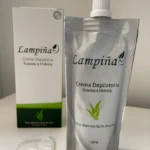Crema Depilatoria Lampiña Corporal 120g en su empaque y bolsa de plástico.