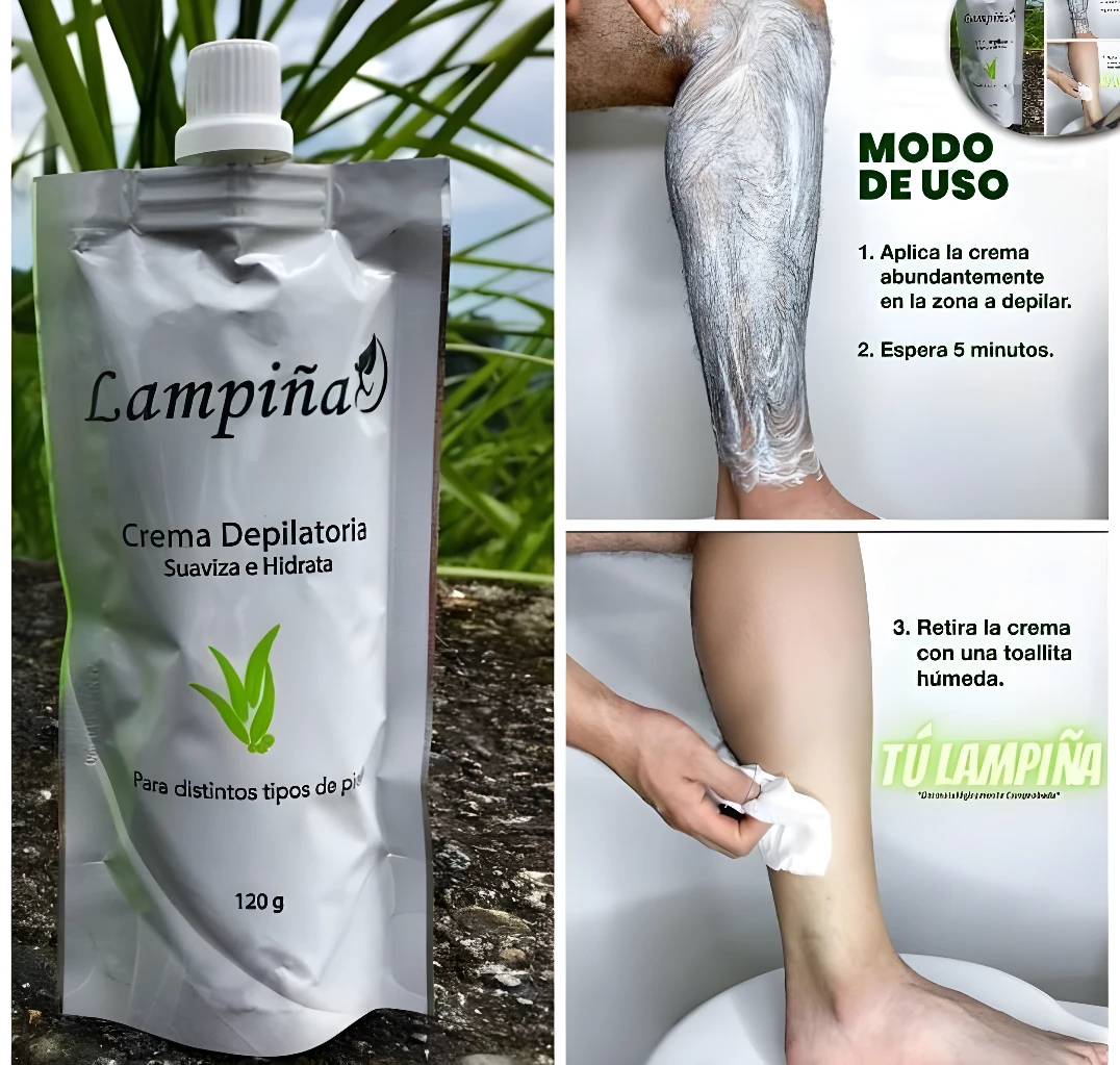 Crema depilatoria Lampiña 120g para uso corporal, suaviza e hidrata la piel.