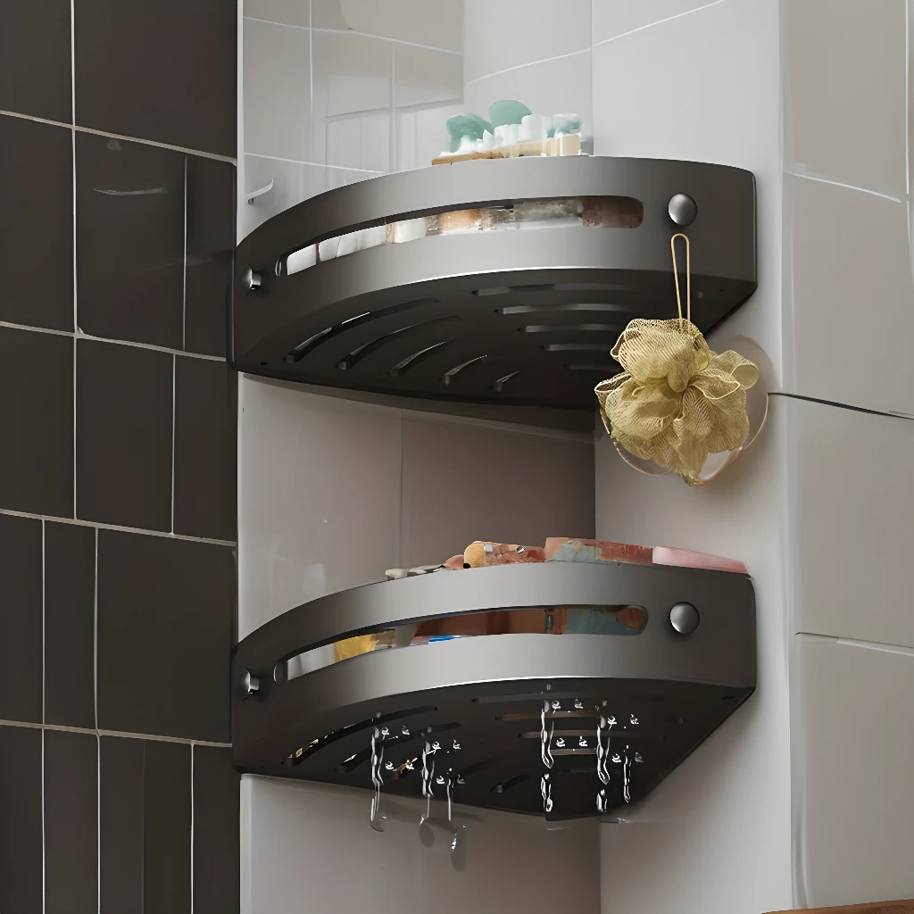 Estantería de esquina para baño con esponja colgante y organizador de ducha.