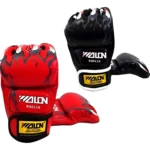 Guantes profesionales de kick boxing y MMA WALDN W85118 en rojo y negro con diseño de llamas.