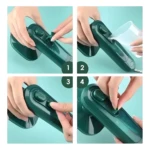 Mini plancha viajera a vapor: paso 1, abrir tapa; paso 2, verter agua; paso 3, cerrar tapa; paso 4, lista para usar.