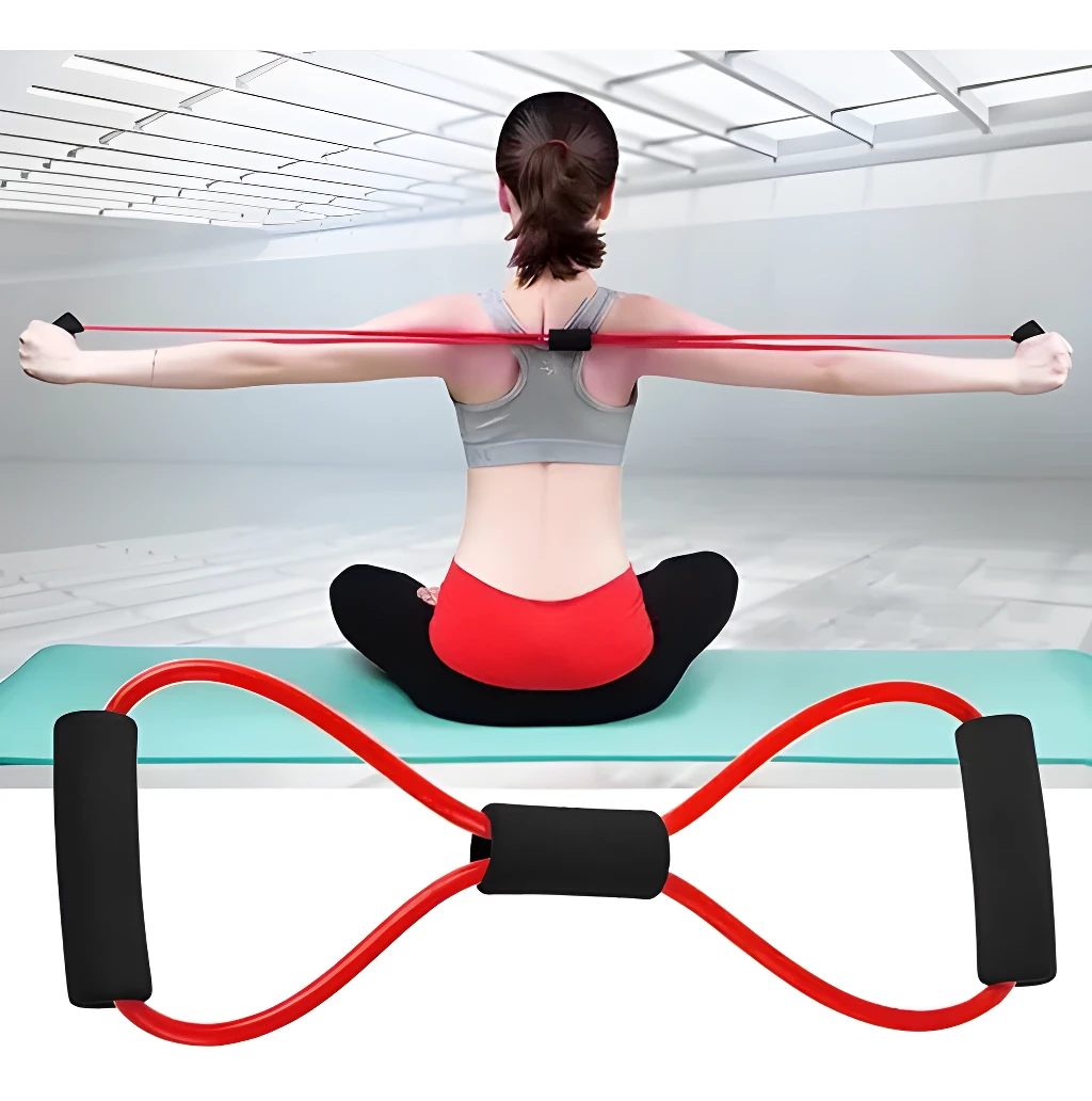 Theratubo elástico rojo con agarraderas negras, ideal para ejercicio en casa.