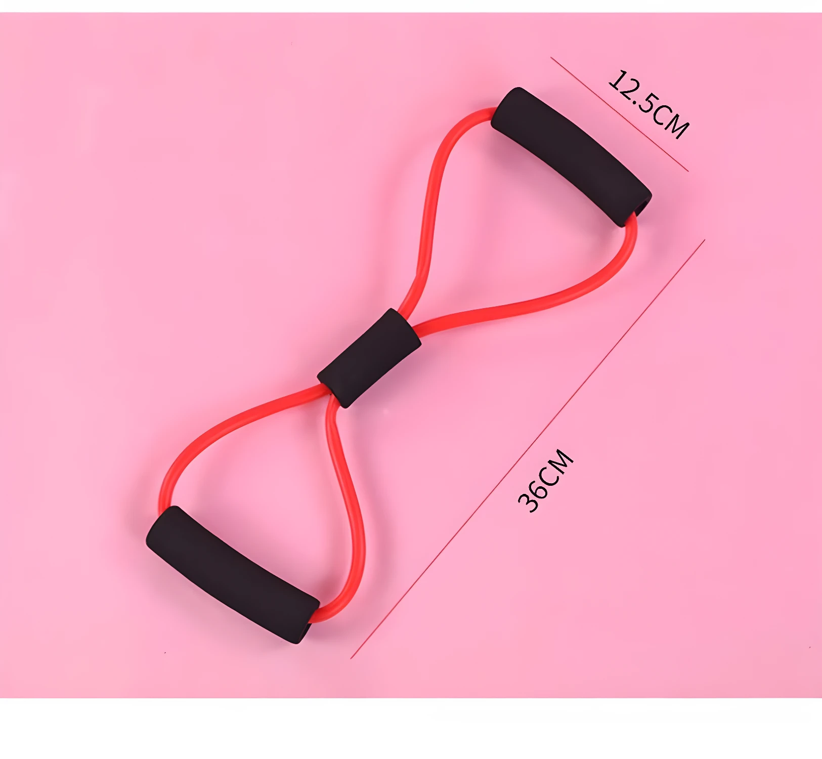 Theratubo elástico rojo con agarraderas negras, 36cm de largo, 12.5cm de ancho.