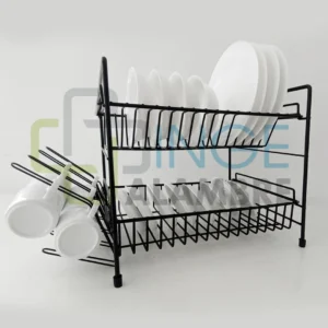 Platero escurridor Deluxe de dos niveles con platos y tazas blancas.